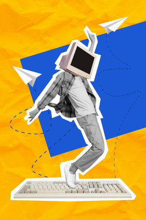 Vertical collage image of excited black white gamma guy pc display instead head stand dance big keyboard send message paper plane isolated on yellow blue backgroundの写真素材