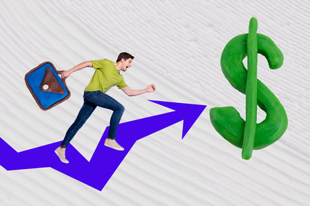 Creative collage portrait of mini excited guy hold briefcase running big dollar money symbol growing arrow indicator upwardsの写真素材
