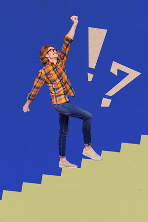 Artwork magazine collage picture of confident cool guy walking up stairs achieving success isolated drawing backgroundの写真素材