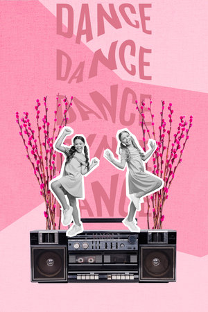 Creative retro 3d magazine collage image of funky little children having fun dancing boom box isolated painting backgroundの写真素材