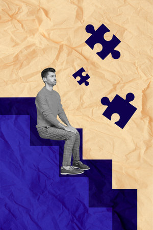 Creative retro 3d collage image of stressed depressed guy sitting stairs uncomplete puzzle isolated painting backgroundの写真素材