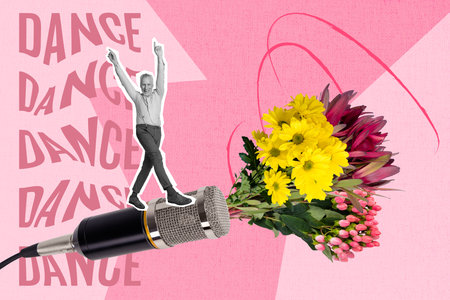 Creative collage portrait of mini crazy black white gamma grandfather stand huge microphone fresh flowers bouquet isolated on pink backgroundの写真素材