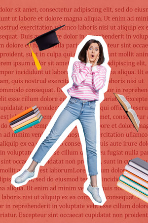 Vertical poster banner pop collage sketch of worried nervous girl afraid scared final exam test text isolated on painted backgroundの写真素材