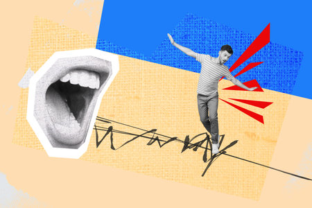 Creative collage image of big talking screaming mouth yell mini black white gamma guy balancing stand string isolated on painted backgroundの写真素材