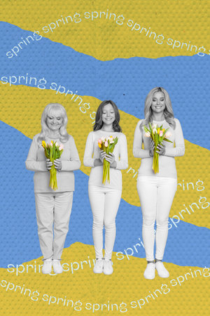 Vertical collage picture of mini black white colors people hold fresh tulips flowers bouquet isolated on creative blue yellow backgroundの写真素材