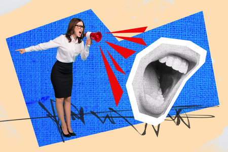 Vertical creative pop collage image picture artwork of mad crazy angry lady scream hate workers finger pointing painted backgroundの写真素材