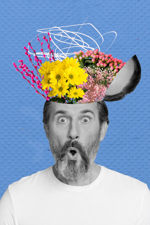 Vertical collage picture of impressed black white colors man fresh flowers inside opened head...