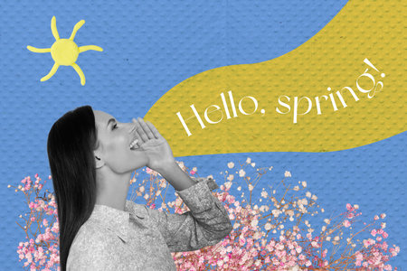Composite collage portrait of positive black white effect girl hand near mouth say tell hello spring fresh flowers isolated on creative backgroundの写真素材