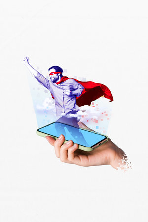 Futuristic template collage of person user playing gadget video game hologram character super heroの写真素材