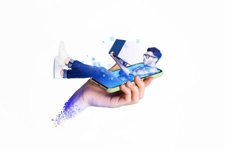 Composite creative collage photo of young programmer addicted man falling inside smartphone display...
