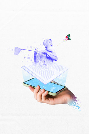 Photo collage of middle age retired man summertime catching butterfly net projection bookshop advert phone hologram isolated on white backgroundの写真素材