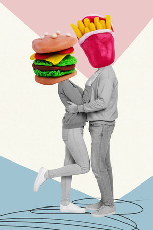 Funny collage of headless couple hugs enjoy junk food more calories tasty american burger potato fries isolated on drawn backgroundの写真素材