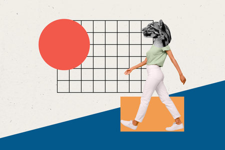 Photo billboard composite collage artwork advertisement new shopping mall girl head cat leopard isolated on plaid white backgroundの写真素材