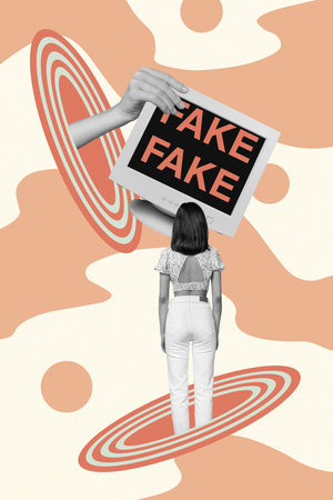 Creative imagination collage photo of young woman watching tv fake news propaganda display hypnosis isolated on drawing backgroundの写真素材