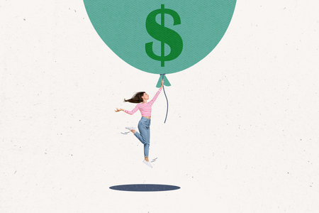 Composite collage picture of mini successful girl hand hold hand big flying money balloon isolated on white backgroundの写真素材