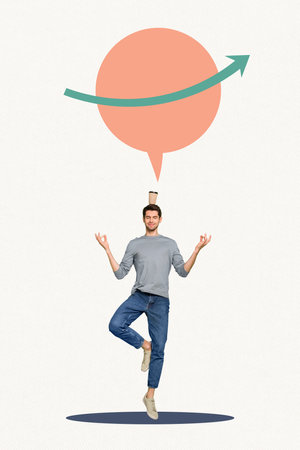 Vertical collage picture of positive guy stand one leg meditate coffee cup head arrow up bubble...