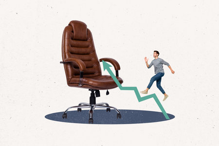 Composite collage image of mini positive guy run climb growing arrow upwards huge leather boss office chair isolated on white backgroundの写真素材