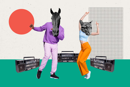Creative collage picture of two carefree people dancing horse tiger head boombox music isolated on...