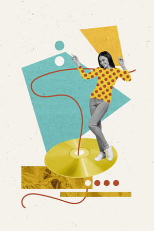 Vertical 3d collage picture of cheerful mini black white colors girl stand dancing big cd disc isolated on painted backgroundの写真素材