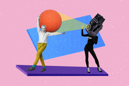 Composite collage picture of excited positive people dancing photo camera instead head isolated on pink backgroundの写真素材