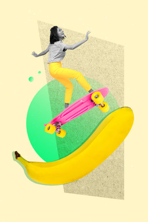 Vertical collage image of mini excited black white gamma girl ride fly skateboard huge banana fruit isolated on creative backgroundの写真素材