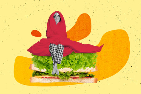 Creative collage picture of mini black white colors girl covered blanket sit huge sandwich isolated on painted backgroundの写真素材