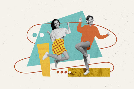 Photo banner composite collage of two young energetic relaxed girls fun wear trendy clothes promo advert isolated on drawing backgroundの写真素材