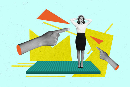 Creative collage of fingers hands point business worker manager administrator lady forget pay bills blame isolated on blue backgroundの写真素材