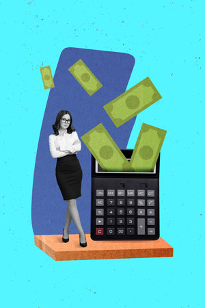 Creative photo collage of young business assistant woman confident calculator income maths profit isolated on blue color backgroundの写真素材