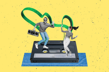 Artwork collage image of two funky positive mini black white colors people dancing huge tape cassette isolated on drawing backgroundの写真素材