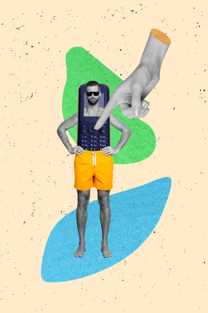 Vertical collage picture of black white colors arm finger point touch press mobile phone button inside mini guy body isolated on painted backgroundの写真素材