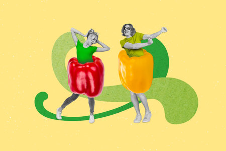 Artwork collage picture of two overjoyed mini black white gamma people inside big paprika pepper dancing isolated on creative backgroundの写真素材