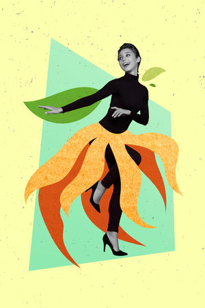 Vertical composite collage of young elegant attractive lady dancing wear painted carnival feast skirt have fun isolated on green backgroundの写真素材