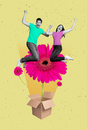 Vertical collage image of two black white effect mini overjoyed people hold arms jumping carton box huge flower isolated on creative backgroundの写真素材