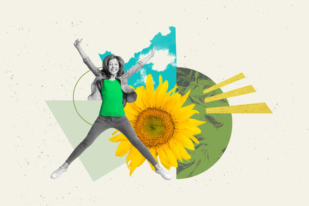 Composite collage picture of black white gamma cheerful mini girl jumping raise hands huge sunflower isolated on painted backgroundの写真素材