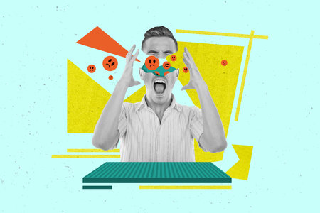 Collage portrait of unsatisfied outraged black white colors guy yell scream head explode negative emoji isolated on painted backgroundの写真素材