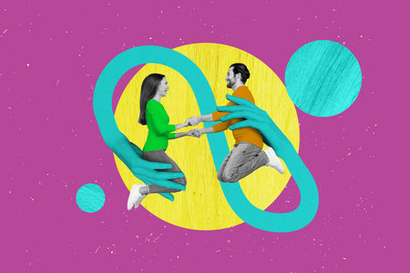 Collage picture of two mini black white effect people jumping big arms hold connection isolated on drawing violet backgroundの写真素材