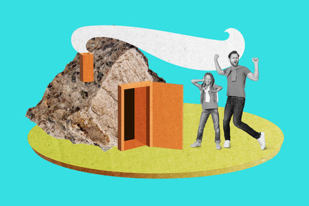 Collage image of two funky overjoyed black white colors people dancing stone rock house opened door isolated on teal backgroundの写真素材