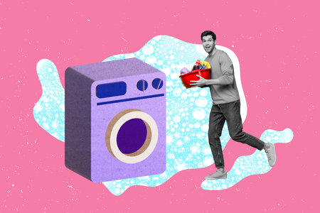 Creative figurative ad collage photo of young guy hold bowl clothes want clean garment walk washing machine isolated over foam backgroundの写真素材