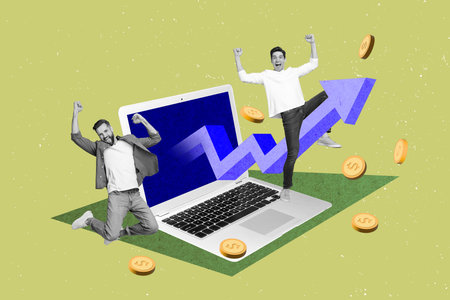 Creative collage image of two excited delighted mini black white colors guys raise fists big netbook screen growing arrow up earn money coinsの写真素材