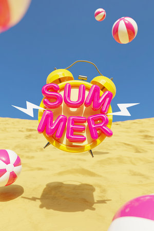 3d banner poster web collage of clock timer alarm bell summertime shopping sale on voyage tour to exotic hotels resortの写真素材