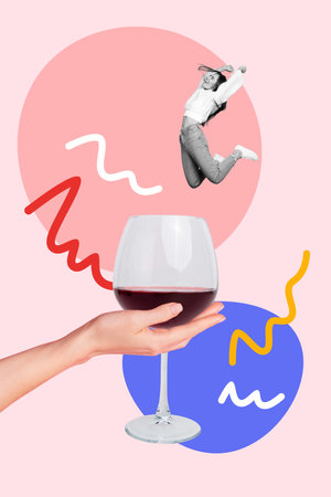 Vertical photo collage artwork of young careless girl jump diving wineglass drinking alcohol event party restaurant toast isolated on pink backgroundの写真素材