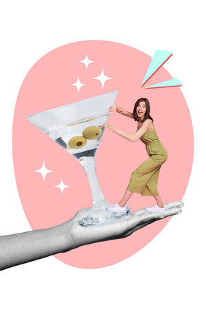 Vertical collage artwork poster young woman stay huge hand push vermouth glass alcohol shot drink party bar isolated on white pink backgroundの写真素材