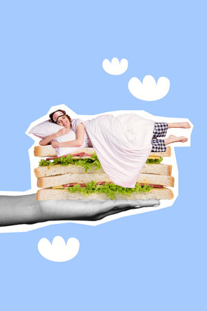 Vertical photo artwork minimal collage advert cafeteria deliver morning breakfast sleeping girl tasty fresh sandwich isolated on blue backgroundの写真素材