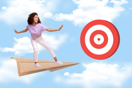 Collage photo notification social media sms girl flying paper plane target destination final point receive isolated on painted heaven backgroundの写真素材