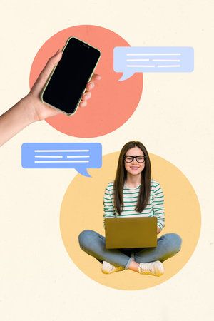 Vertical creative collage photo of beautiful girl sitting with laptop communicating chatting with clients isolated painting backgroundの写真素材