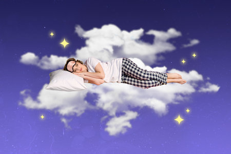 Creative photo collage of relaxed sleeping young attractive girl tired wear pajama nightmask pillow heaven imagination isolated on painted backgroundの写真素材