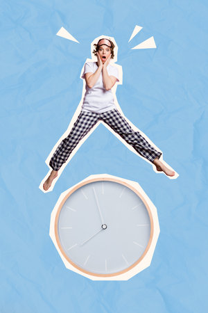 Vertical collage design photo of young dissatisfied funny woman unhappy jump late for job awake alarm clock isolated on blue color backgroundの写真素材