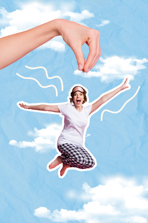 Vertical photo collage of youngster carefree funny woman jumping wings hands flying heaven sky clouds awake isolated on painted backgroundの写真素材
