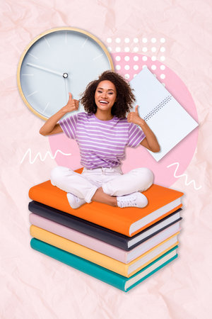 Vertical composite collage photo of cheerful optimistic lady thumbs up cool university courses time management isolated on pink color backgroundの写真素材